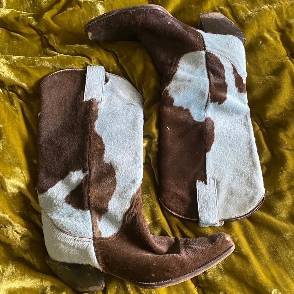 Blue and brown cowhide cowgirl boots